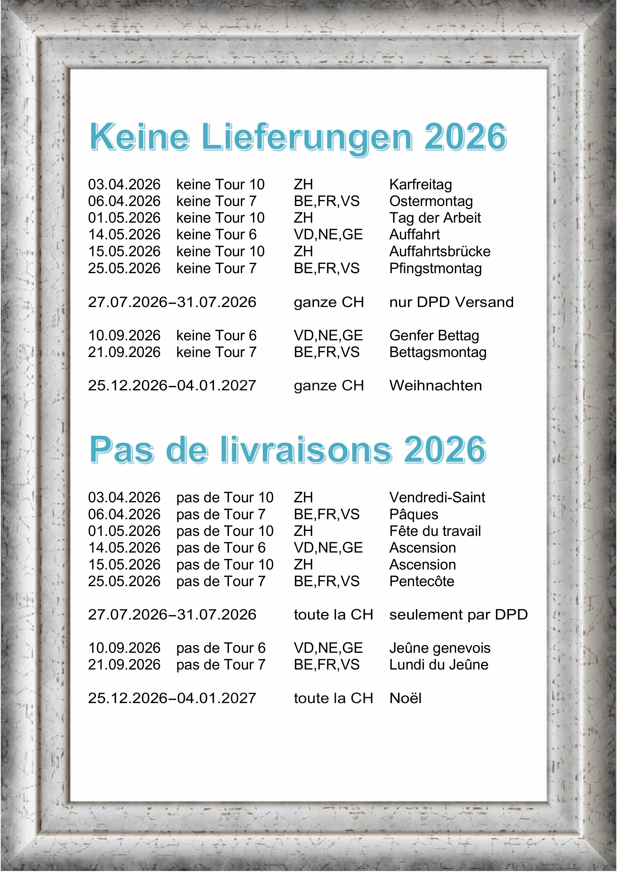 TOURENPLANUNG 2026 / JOURS DE VACANCES 2026